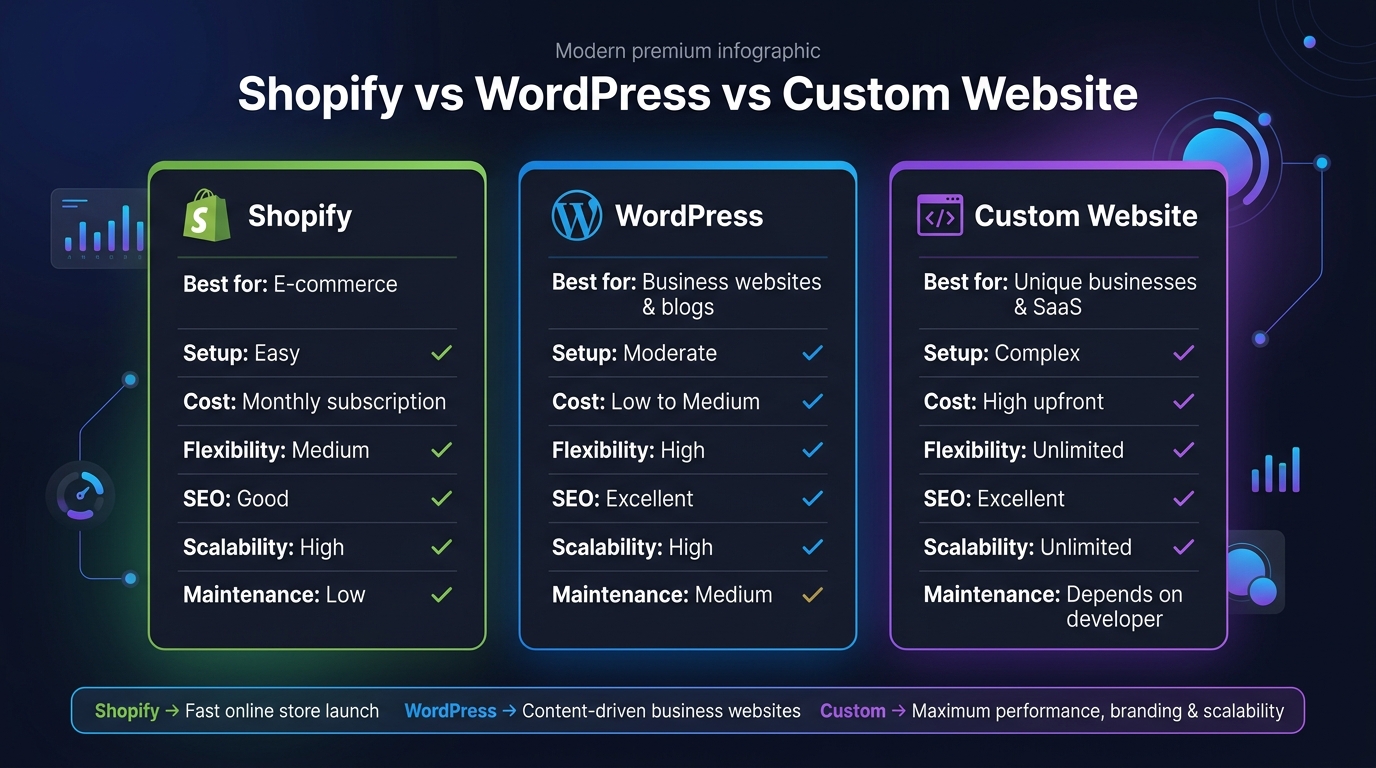 Shopify vs WordPress vs Custom Website: Which One Should You Choose?